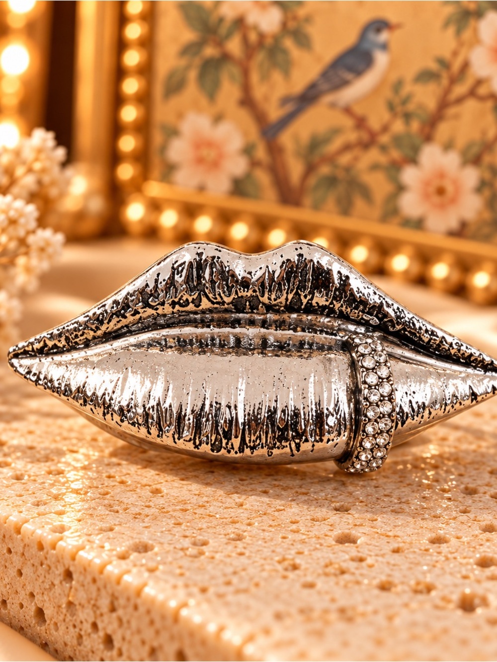 Oversized Silver Lips Statement Ring Rhinestone Tongue Cocktail Jewelry